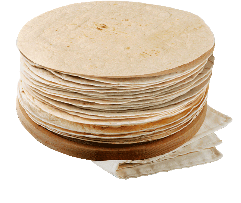 a stack of tortillas sitting on top of a wooden plate.